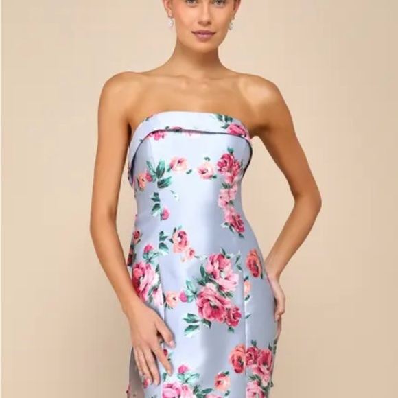 NWT Luxe Wonder Light Blue Floral Taffeta Strapless Bow Mini Dress - Picture 3 of 4